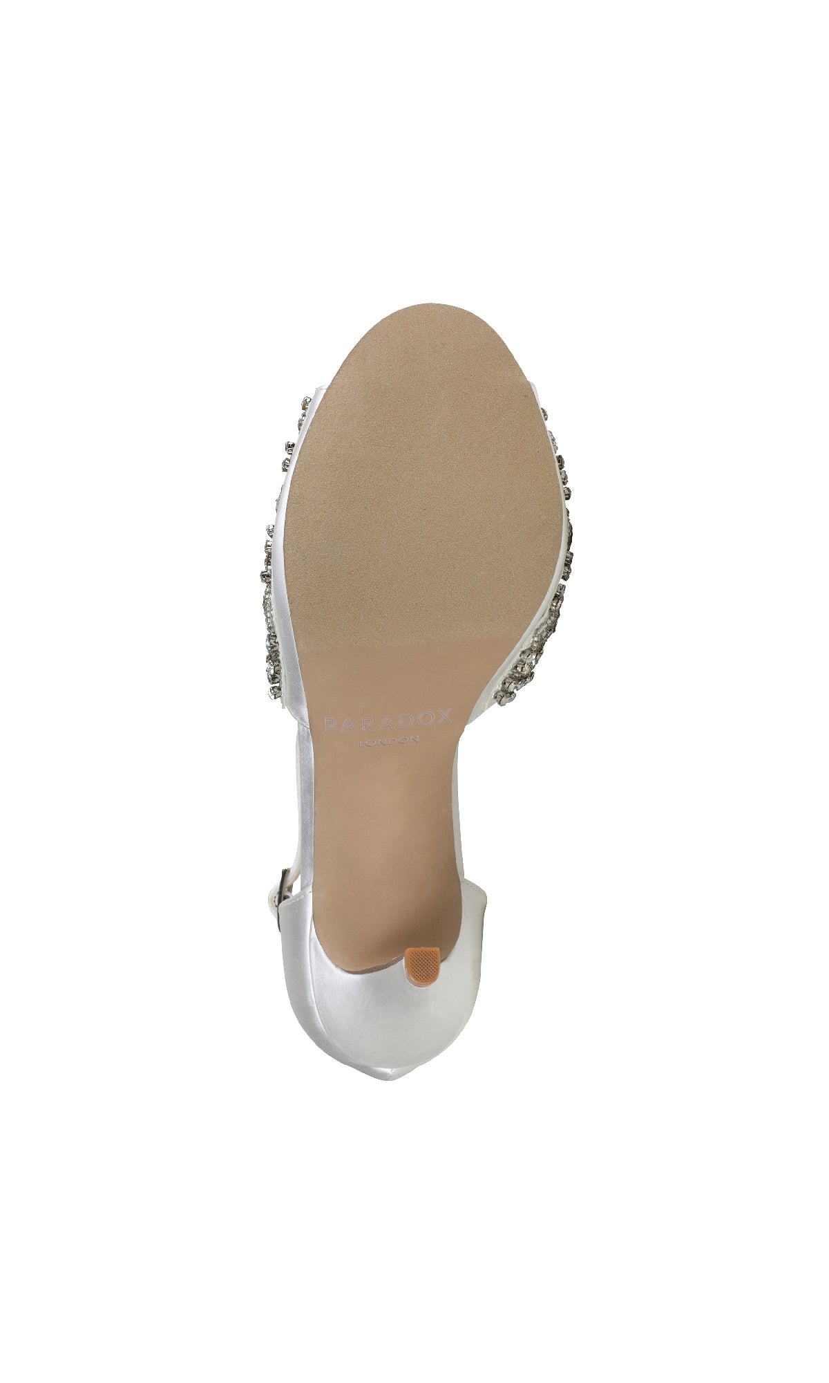 Bottom view of the Elin Ivory Satin Prom Shoes (Paradox London P2204) featuring a smooth beige sole, closed pointed toe, and jeweled sides—ideal for adding sparkle to any stiletto high heel look.